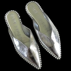 Karl Lagerfeld Metallic Silver Mules with Pearl Trim